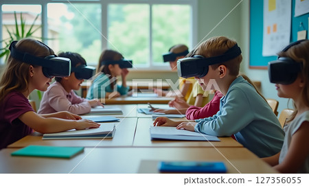 Students engage in virtual reality learning in a modern classroom with interactive technology Students engage in virtual reality learning in a modern classroom with interactive technology 127356055