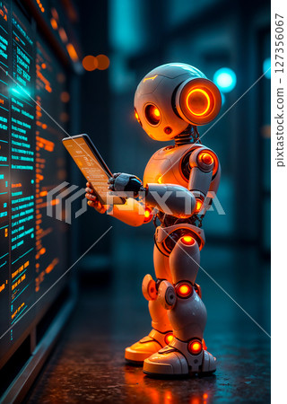 A futuristic robot interacting with a digital display in a high-tech environment during nighttime hours 127356067