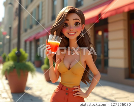 Stylish young woman enjoys refreshing drink on sunny street in a vibrant urban setting 127356080