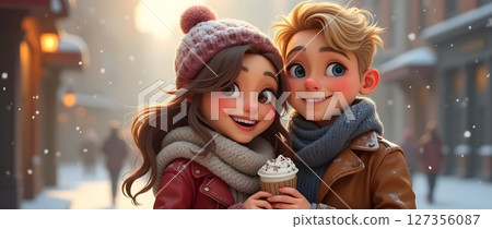 Young couple enjoys hot chocolate together in a snow-covered street during winter time Young couple enjoys hot chocolate together in a snow-covered street during winter time 127356087