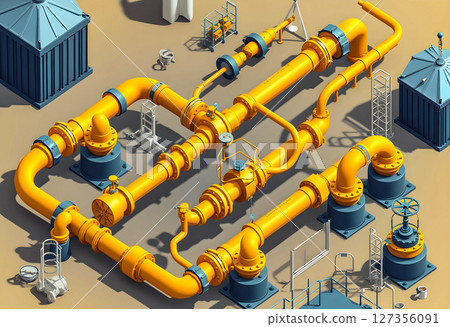Industrial piping system with yellow pipes and blue equipment in an outdoor setting Industrial piping system with yellow pipes and blue equipment in an outdoor setting 127356091