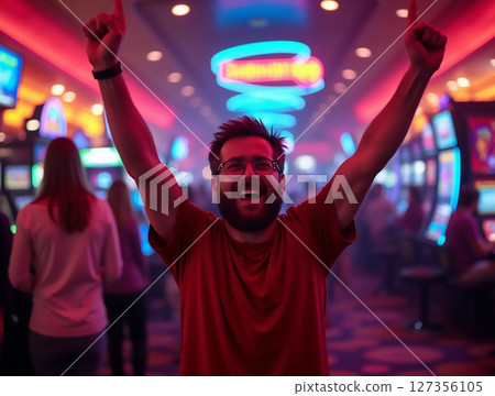 Happy man celebrating a jackpot win in a colorful casino filled with vibrant slot machines during the evening hours 127356105