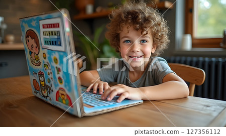 Happy child enjoys learning at home with a colorful laptop on a wooden table in a cozy living space 127356112