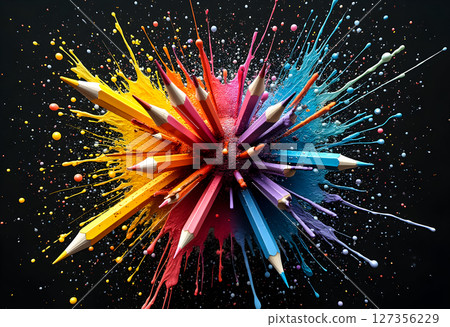Colorful explosion of pencils radiating paint splashes on a dark background showcasing creativity and art 127356229