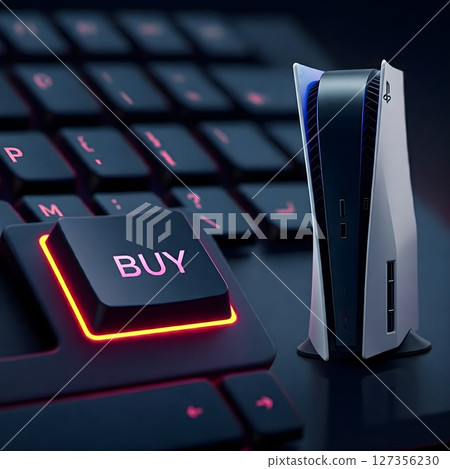 Gaming console next to a keyboard with a glowing buy key, showcasing modern gaming technology and purchasing options online 127356230
