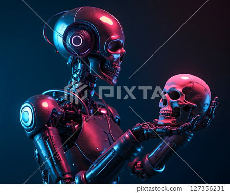 Robot contemplates mortality while holding a skull in a neon-lit environment at night Robot contemplates mortality while holding a skull in a neon-lit environment at night 127356231