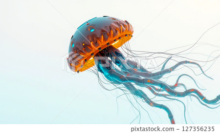 Colorful jellyfish gracefully swimming in a serene underwater environment at dawn Colorful jellyfish gracefully swimming in a serene underwater environment at dawn 127356235
