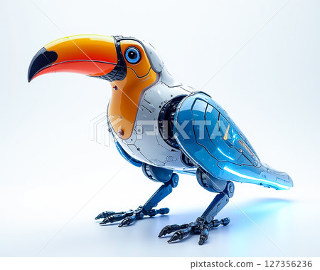Colorful robotic toucan designed with intricate details and a sleek metal finish, showcasing advanced technology 127356236