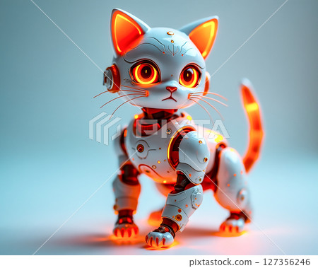 Futuristic robotic cat with glowing features stands on a neutral background Futuristic robotic cat with glowing features stands on a neutral background 127356246
