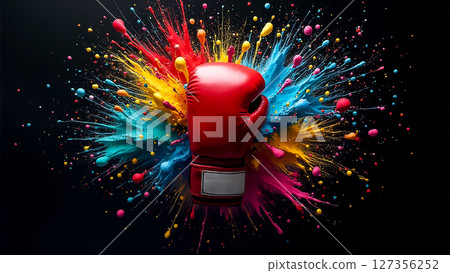 Bold red boxing glove bursts through a colorful explosion of paint conveying energy and strength 127356252
