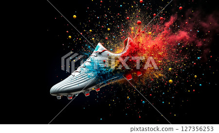 Creative sports footwear design featuring a splash of vibrant colors against a dark backdrop 127356253