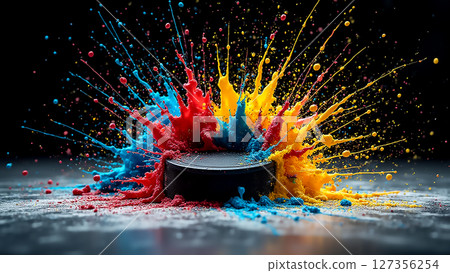 Colorful explosion of powdered paint around a black hockey puck in an artistic composition 127356254