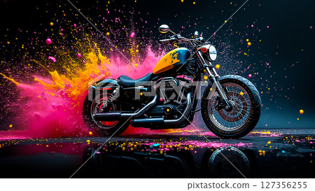 Vibrant motorcycle surrounded by colorful powder bursts in an artistic display 127356255