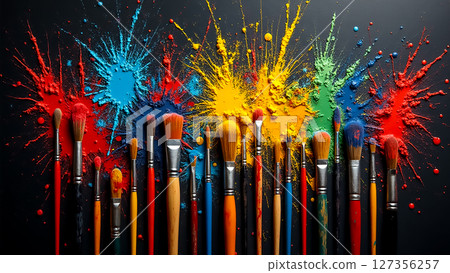 Colorful paint splatters surrounding artist brushes on a black background in a creative workspace 127356257