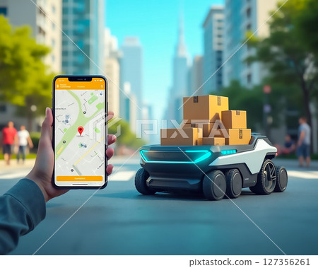 Delivery robot navigates urban streets while user tracks package on smartphone in modern cityscape 127356261