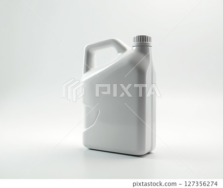 White plastic container for liquid storage placed on a light background ready for various uses and applications 127356274