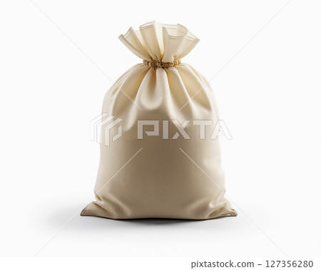 Fabric bag filled with goods displayed on a plain background emphasizing simplicity and utility 127356280