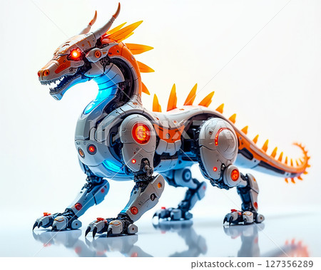 Robotic dragon figure with vibrant lights and intricate design showcased against a simple background 127356289