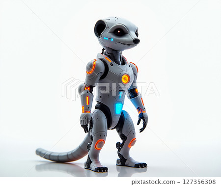High-tech robot meerkat stands confidently against a white background, showcasing advanced design and features with glowing accents High-tech robot meerkat stands confidently against a white background, showcasing advanced design and features with glowing accents 127356308