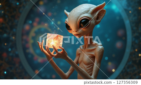 Intriguing alien figure holds glowing crystal in a mystical setting with colorful lights Intriguing alien figure holds glowing crystal in a mystical setting with colorful lights 127356309