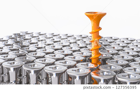 Orange screw stands out in a large group. 3d background 127356395