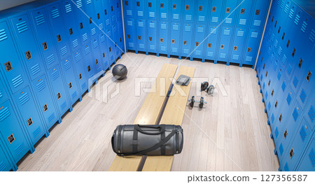 Sports bag, dumbbells, empty gym locker room 3d Sports bag, dumbbells, empty gym locker room 3d 127356587