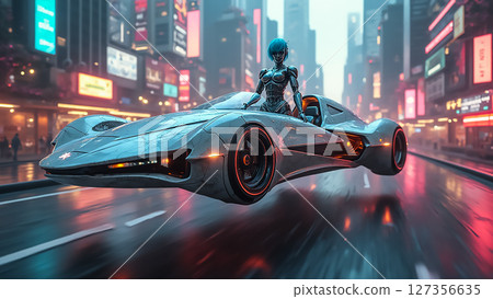 Futuristic vehicle gliding through a neon-lit city at night with a cybernetic figure Futuristic vehicle gliding through a neon-lit city at night with a cybernetic figure 127356635