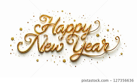 Golden text wishing happy new year decorated with sparkling stars and glitter enhances festive atmosphere for celebration Golden text wishing happy new year decorated with sparkling stars and glitter enhances festive atmosphere for celebration 127356636