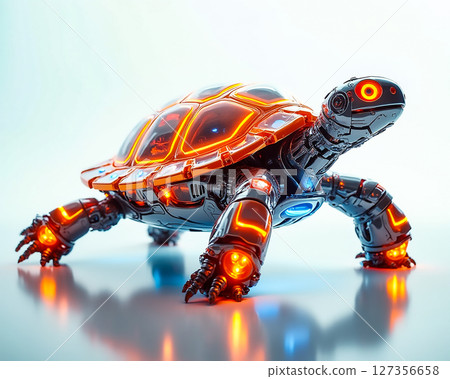 Futuristic robotic turtle with neon accents moves gracefully across a sleek surface Futuristic robotic turtle with neon accents moves gracefully across a sleek surface 127356658
