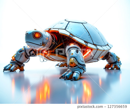 Futuristic robotic turtle exploring a bright environment during a technological showcase 127356659