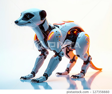 Robot animal design showcasing a futuristic mechanical meerkat in a bright, modern setting Robot animal design showcasing a futuristic mechanical meerkat in a bright, modern setting 127356660