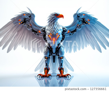 Futuristic robotic eagle with glowing features stands majestically against a bright background Futuristic robotic eagle with glowing features stands majestically against a bright background 127356661