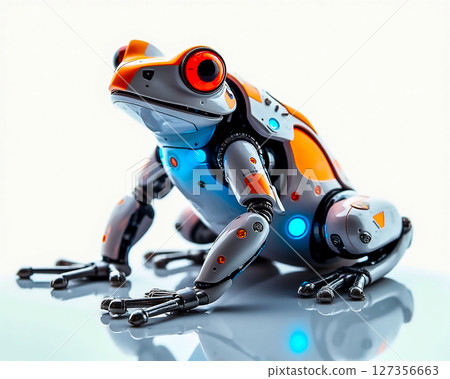 Robotic frog with vibrant colors and futuristic design in a sleek environment Robotic frog with vibrant colors and futuristic design in a sleek environment 127356663