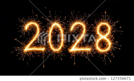 New Year celebration with sparkling fireworks displaying the year 2028 in bright light against a dark background 127356671