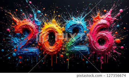 Colorful explosion of paint forming the numbers 2026 in a vibrant display for New Year celebrations Colorful explosion of paint forming the numbers 2026 in a vibrant display for New Year celebrations 127356674