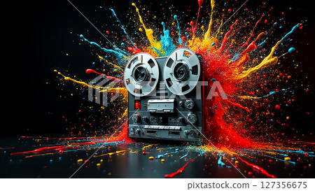 Colorful splashes surround a vintage reel-to-reel tape recorder in a creative artistic display of sound and visual energy 127356675