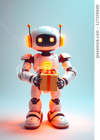 Robot delivers a gift in a futuristic setting with vibrant lights and a playful design Robot delivers a gift in a futuristic setting with vibrant lights and a playful design 127356680