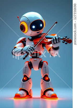 Robot performs beautiful music on violin in a futuristic setting with vibrant lighting Robot performs beautiful music on violin in a futuristic setting with vibrant lighting 127356690