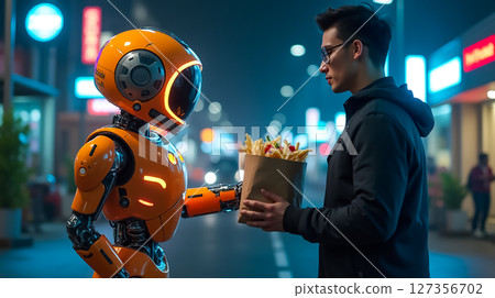 Robot hands fries to man in urban setting at night with colorful neon lights and storefronts 127356702