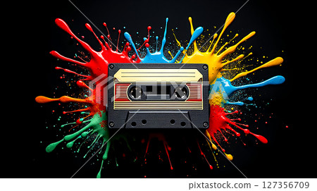 Vintage cassette tape with colorful paint splashes creating a vibrant artistic display 127356709