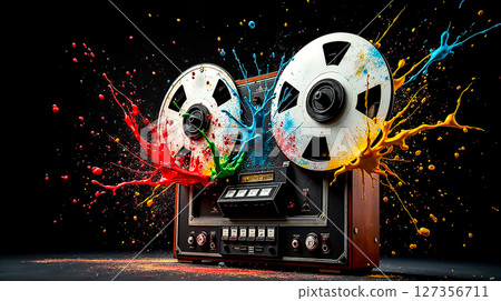 Colorful explosion of sound from a vintage reel-to-reel tape recorder with vibrant paint splashes Colorful explosion of sound from a vintage reel-to-reel tape recorder with vibrant paint splashes 127356711