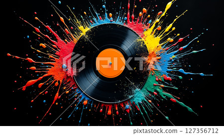 Colorful art design features a vinyl record splashed with vibrant paint on a dark background Colorful art design features a vinyl record splashed with vibrant paint on a dark background 127356712
