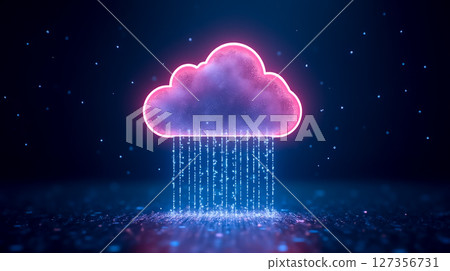 Colorful digital cloud with glowing raindrops in a dark, starry background during a nighttime setting 127356731