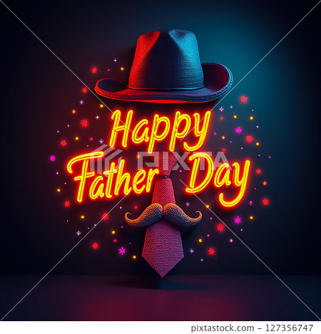 A festive display of a hat and tie with vibrant neon lights celebrating Father's Day in a playful and colorful way 127356747