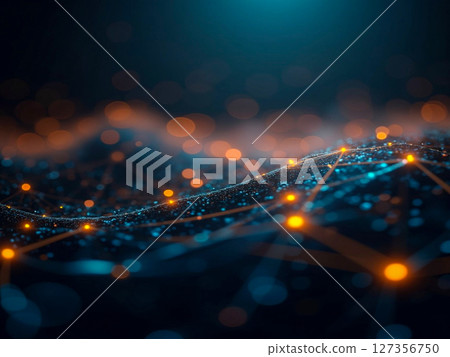 Digital landscape with glowing nodes and interconnected lines showcasing technology and innovation 127356750