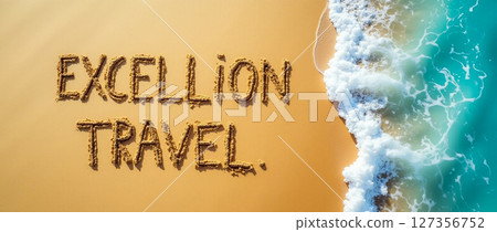 Creative beach art displaying travel company name formed with sand and ocean waves on a sunny day Creative beach art displaying travel company name formed with sand and ocean waves on a sunny day 127356752