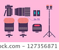 Essential Elements of a Professional Photography Kit Featuring Camera, Lens, Flashlights and Accessories 127356871
