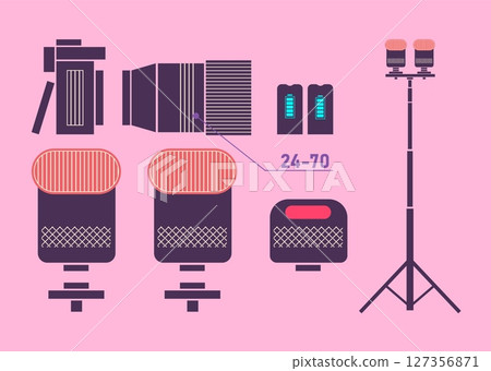 Essential Elements of a Professional Photography Kit Featuring Camera, Lens, Flashlights and Accessories Essential Elements of a Professional Photography Kit Featuring Camera, Lens, Flashlights and Accessories 127356871