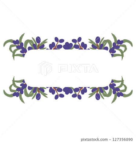 Elegant Botanical Label Frame with Purple Berries and Green Leaves in a Hand-Drawn Decorative Design. 127356890