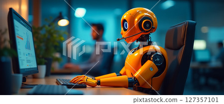 A robot working at a computer desk in a modern office environment during nighttime A robot working at a computer desk in a modern office environment during nighttime 127357101
